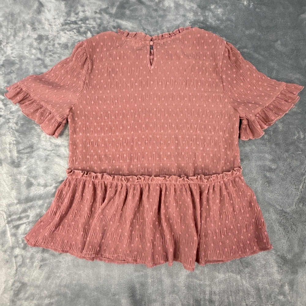 Blu Pepper Dusty Rose Pink Swiss Dot Peplum Top Ruffle Sleeve Mauve Blouse Large - Picture 9 of 9